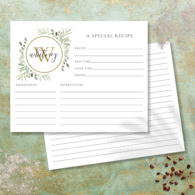 Guld monogram Grey Recipe-kort för elegant-skript (Elegant Script Gold Monogram Greenery Recipe Card)