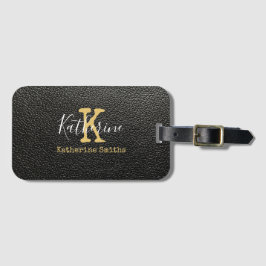 Guld Monogram Initial och Namn på svart Bagagebricka