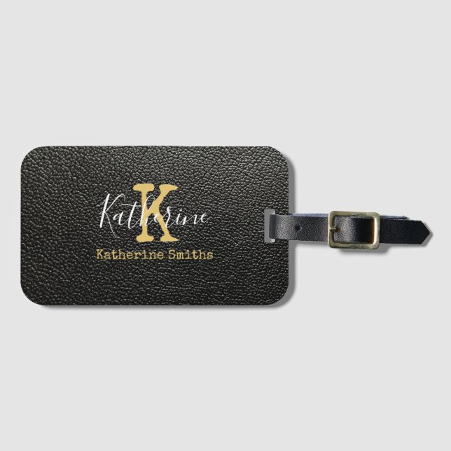 Guld Monogram Initial och Namn på svart Bagagebricka (Framsida horisontal)