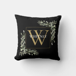 Guld Monogram Modern Greenery Foliage Black Kudde