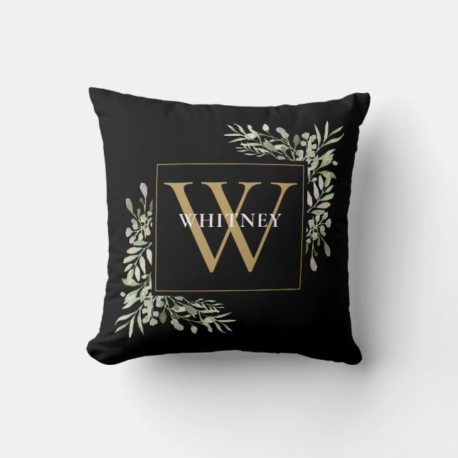 Guld Monogram Modern Greenery Foliage Black Kudde (Framsida)