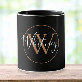 Guld Monogram Namn Elegant Black Mugg