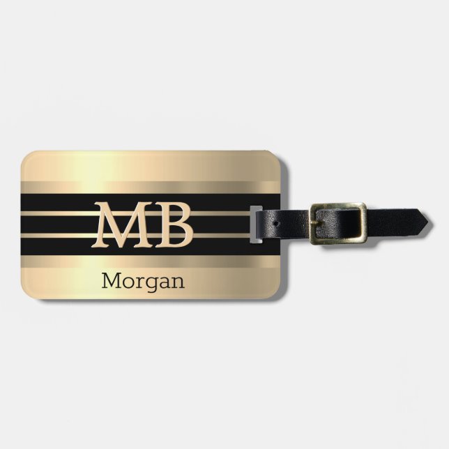 Guld Monogram/Namn, Svarta/Guld Rand på Guld Bagagebricka (Horisontell Framsida)