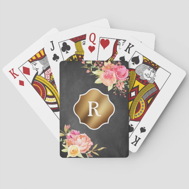 Guld Monogram och Blommigtar på texturerad kartong Casinokort (Baksidan)