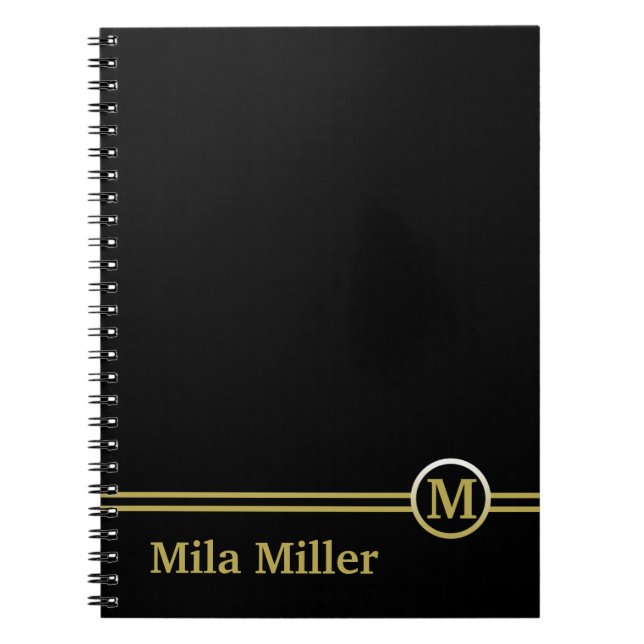 Guld Monogram på svart bakgrund Anteckningsbok (Framsidan)