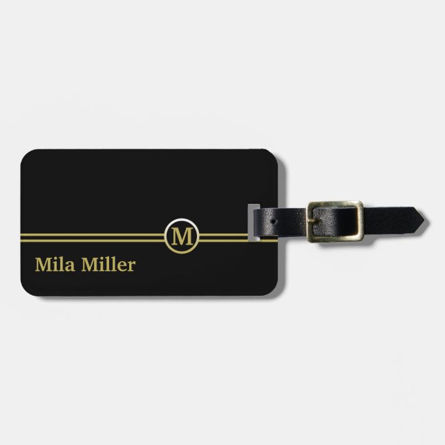 Guld Monogram på svart bakgrund Bagagebricka (Horisontell Framsida)