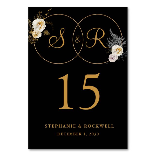 Guld Monogram på Svarta Namn, första Bröllop Bordsnummer (Framsidan)