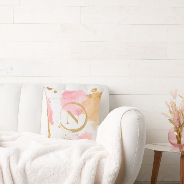 Guld Monogram Rosa Peach Modern Abstrakt Kudde (Soffa)
