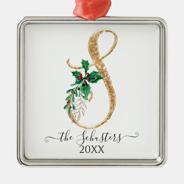 Guld Monogram S Glitter jul Holly Foliage Julgransprydnad Metall (Framsidan)
