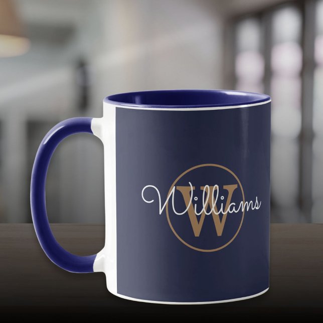 Guld Monogram skript Namn marblå marblå marblå Mugg (Gold Monogram Script Name Navy Blue Mug)