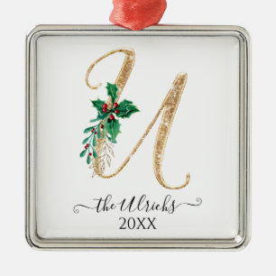 Guld Monogram U Glitter jul Holly Foliage Julgransprydnad Metall