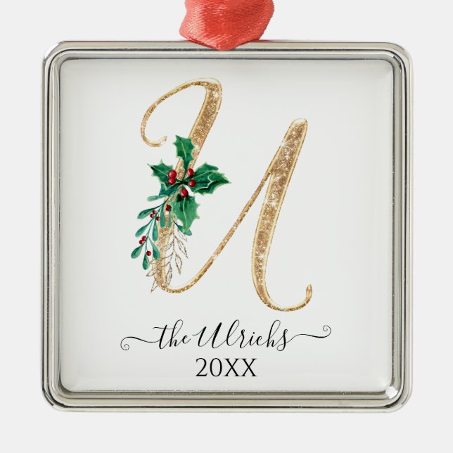 Guld Monogram U Glitter jul Holly Foliage Julgransprydnad Metall (Framsidan)