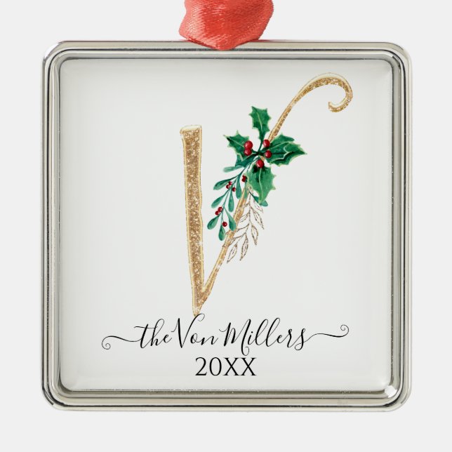 Guld Monogram V Glitter jul Holly Foliage Julgransprydnad Metall (Framsidan)
