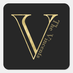 Guld Monogram V och Namn på valfri Färg Fyrkantigt Klistermärke