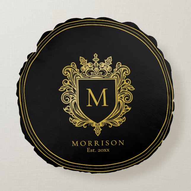 Guld Monogram Vapensköld Rund Kudde (Framsidan)