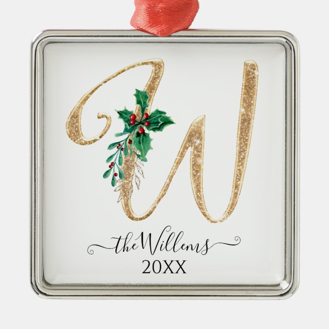 Guld Monogram W Glitter jul Holly Foliage Julgransprydnad Metall (Framsidan)