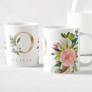 Guld Monogram Watercolor Blommigt Botanical Kaffemugg