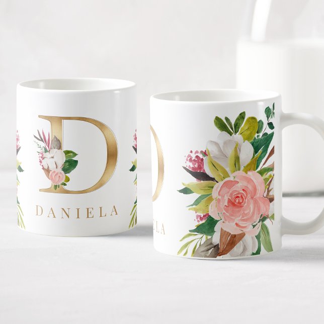 Guld Monogram Watercolor Blommigt Botanical Kaffemugg (Skapare uppladdad)