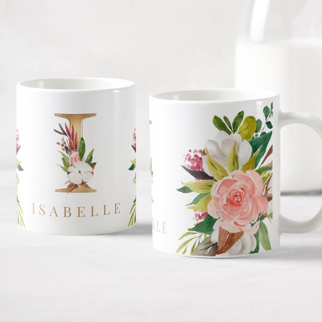 Guld Monogram Watercolor Blommigt Botanical Kaffemugg (Skapare uppladdad)