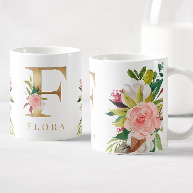 Guld Monogram Watercolor Blommigt Botanical Kaffemugg (Skapare uppladdad)