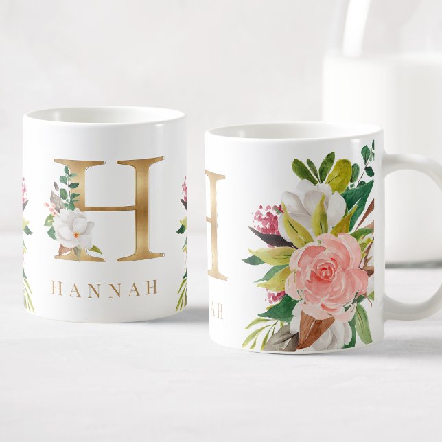 Guld Monogram Watercolor Blommigt Botanical Kaffemugg (Skapare uppladdad)