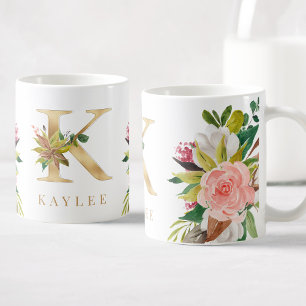 Guld Monogram Watercolor Blommigt Botanical Kaffemugg
