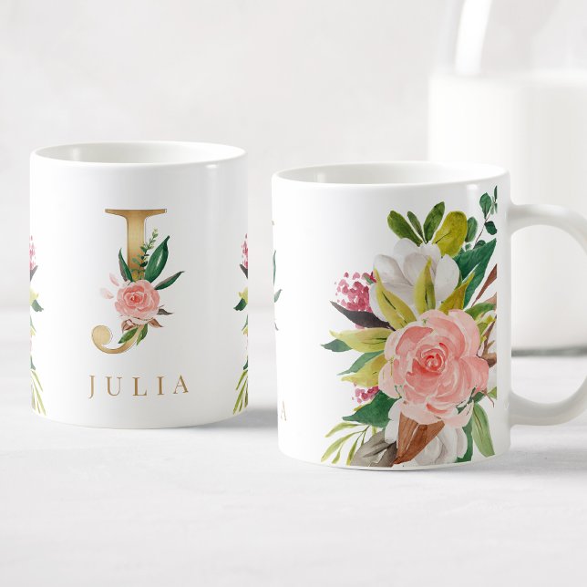 Guld Monogram Watercolor Blommigt Botanical Kaffemugg (Skapare uppladdad)
