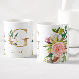 Guld Monogram Watercolor Blommigt Botanical Kaffemugg