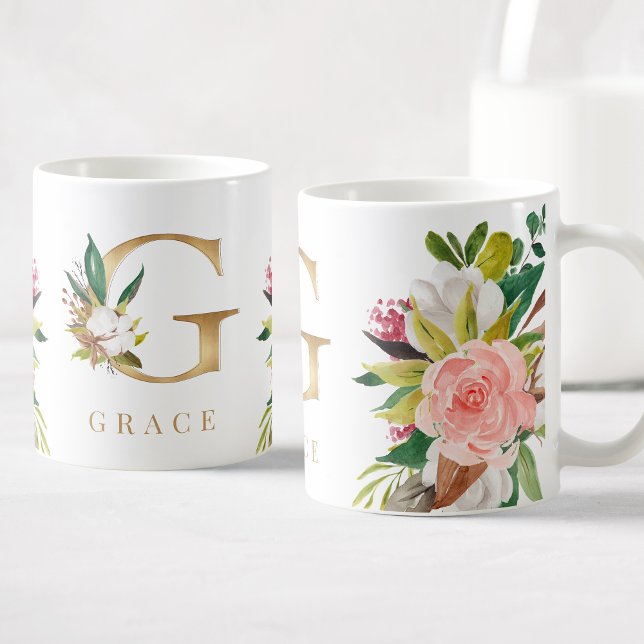 Guld Monogram Watercolor Blommigt Botanical Kaffemugg (Skapare uppladdad)