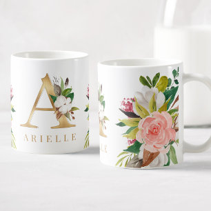 Guld Monogram Watercolor Blommigt Botanical Kaffemugg