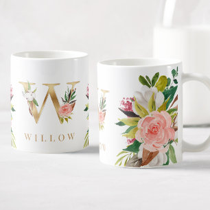 Guld Monogram Watercolor Blommigt Botanical Kaffemugg