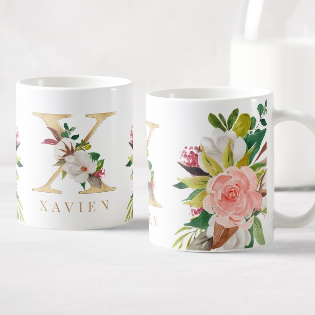 Guld Monogram Watercolor Blommigt Botanical Kaffemugg (Skapare uppladdad)