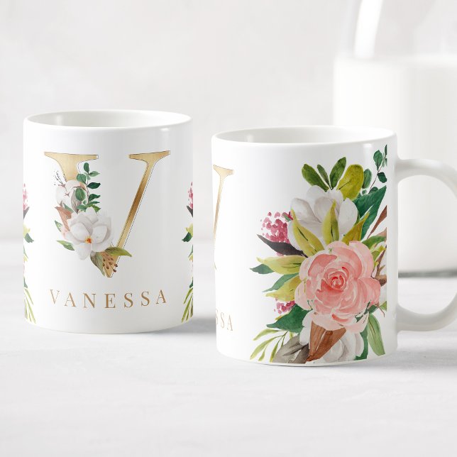 Guld Monogram Watercolor Blommigt Botanical Kaffemugg (Skapare uppladdad)