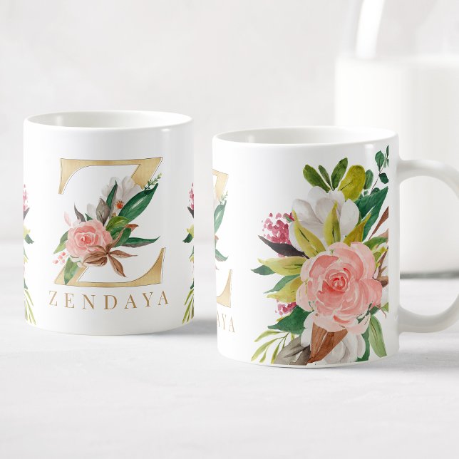 Guld Monogram Watercolor Blommigt Botanical Kaffemugg (Skapare uppladdad)
