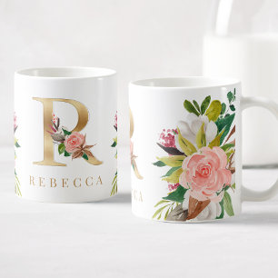 Guld Monogram Watercolor Blommigt Botanical Kaffemugg