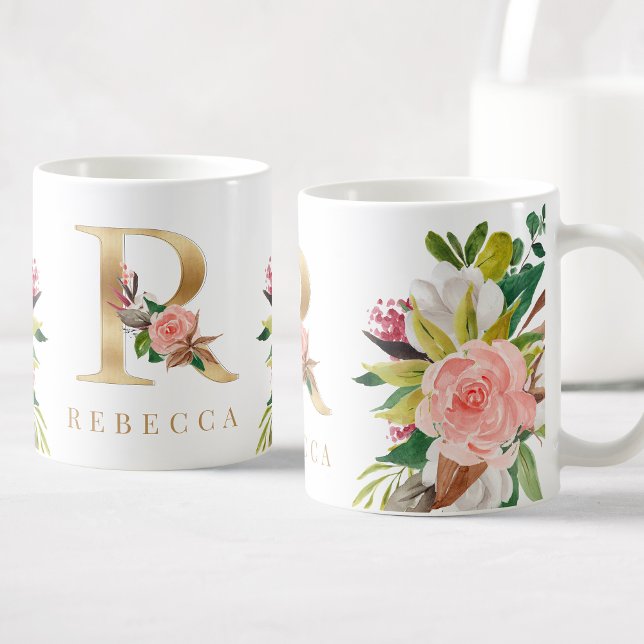 Guld Monogram Watercolor Blommigt Botanical Kaffemugg (Skapare uppladdad)