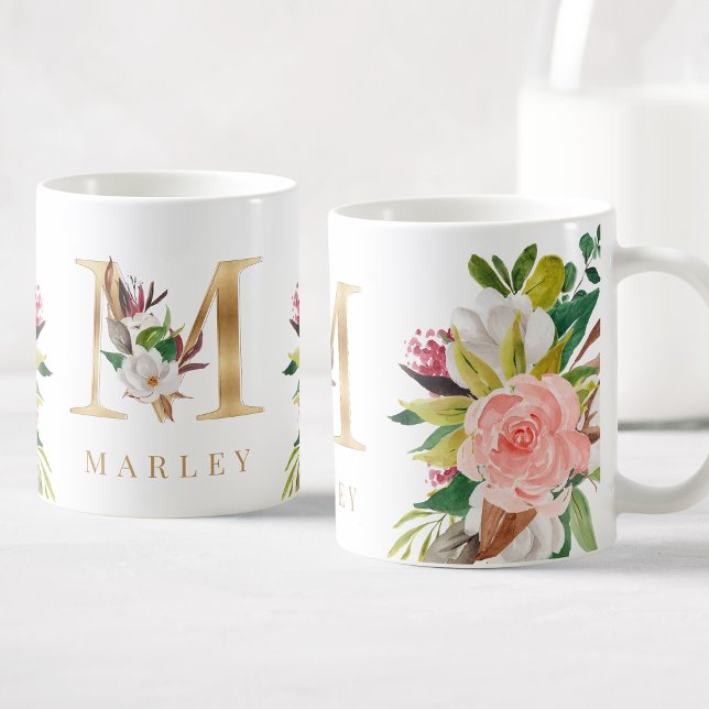 Guld Monogram Watercolor Blommigt Botanical Kaffemugg (Skapare uppladdad)