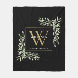 Guld Monogram Watercolor Greenery Black Fleecefilt
