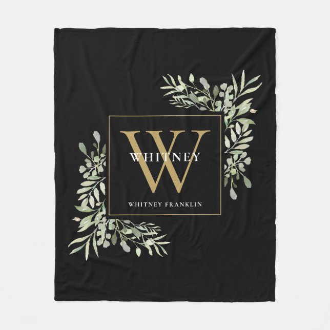 Guld Monogram Watercolor Greenery Black Fleecefilt (Framsidan)