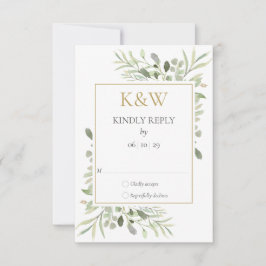 Guld Monogram Watercolor Greenery Bröllop OSA Kort