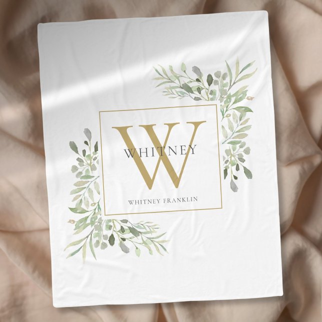 Guld Monogram Watercolor Greenery Fleecefilt (Gold Monogram Watercolor Greenery Fleece Blanket)