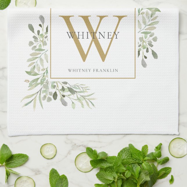 Guld Monogram Watercolor Greenery Kökshandduk (Vikta)