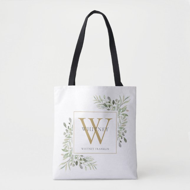 Guld Monogram Watercolor Greenery Personlig Tygkasse (Framsida)