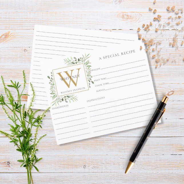 Guld Monogram Watercolor Greenery Recipe Lakan (Skapare uppladdad)