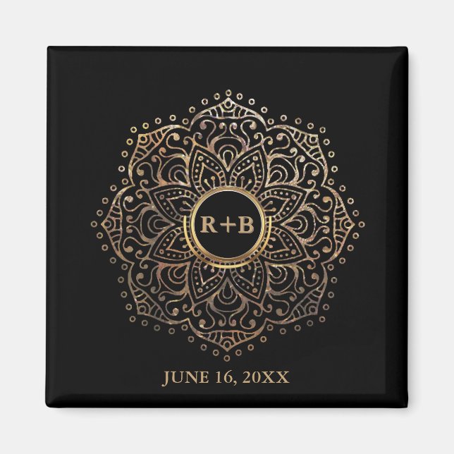 Guld Monogram Wedding Favor Boho Mandala Magnet (Framsidan)