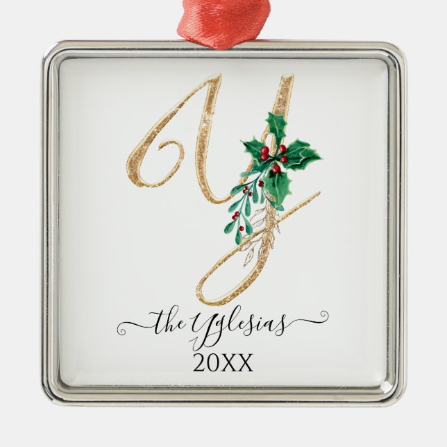Guld Monogram Y Glitter jul Holly Foliage Julgransprydnad Metall (Framsidan)