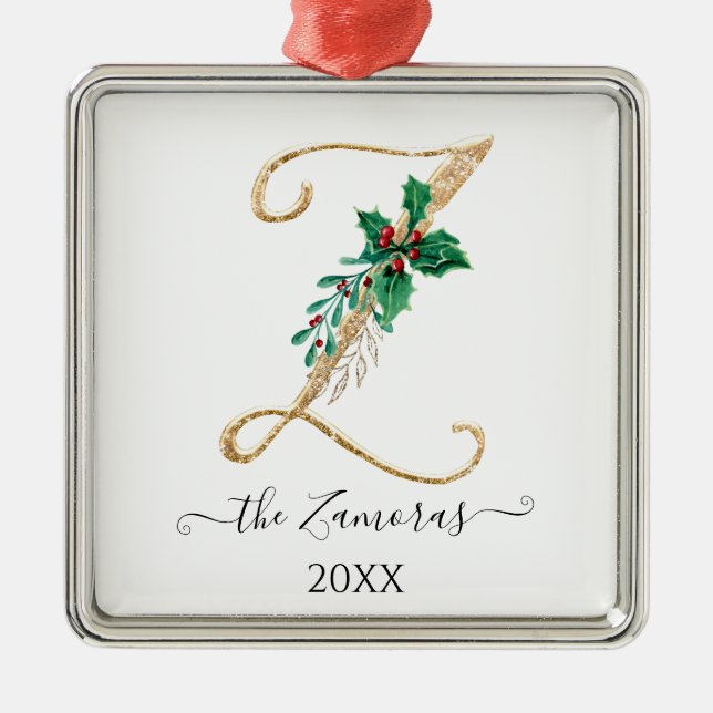 Guld Monogram Z Glitter jul Holly Foliage Julgransprydnad Metall (Framsidan)