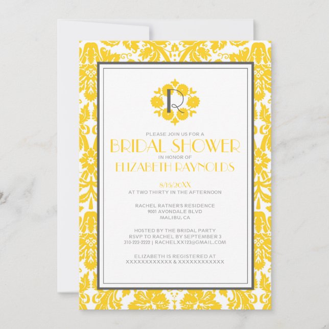 Guld- Monogramdamastinbjudningskort för möhippan Inbjudningar (Framsida)