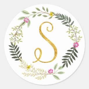 Guld- Monogramlöv S Runt Klistermärke