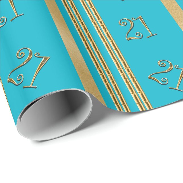 guld- mönster för 21st födelsedagblått presentpapper (Rullad Hörn)